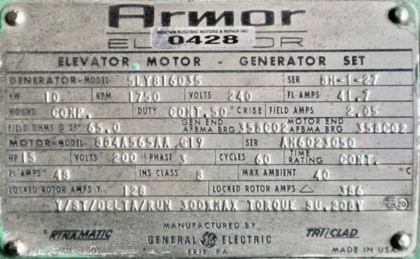 General Electric Generator 15HP 10KW 1750RPM #0428 - Image 2