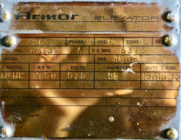 Armor Elevator/General Electric AC Motor 60HP 1750RPM 326 #203 - Image 2