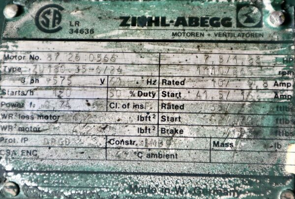 Ziehl-Abegg AC Motor 7.5HP 1110/260 RPM ZU180 35-6/24 #152 - Image 2