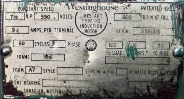 Westinghouse AC Motor 7.5HP 900RPM 326 #167 - Image 3