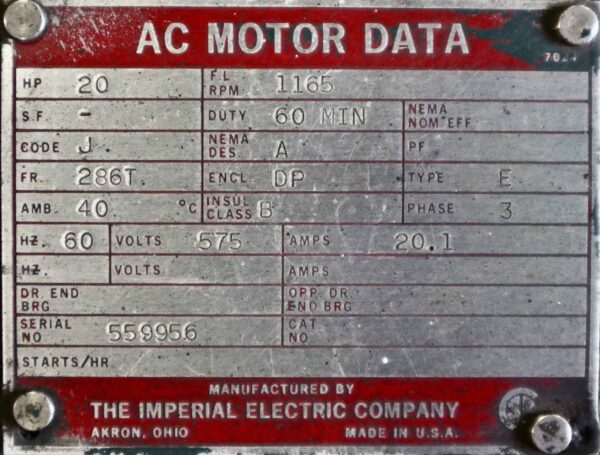 Imperial Electric AC Motor 20HP 1165RPM 286T #166 - Image 6