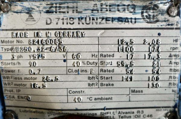Ziehl-Abegg Ac Motor 12.5/2.08HP 1100/174RPM #195 - Image 2