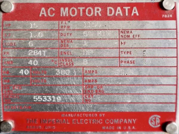Imperial Electric AC Motor 15HP 1155RPM 284T #161 - Image 2