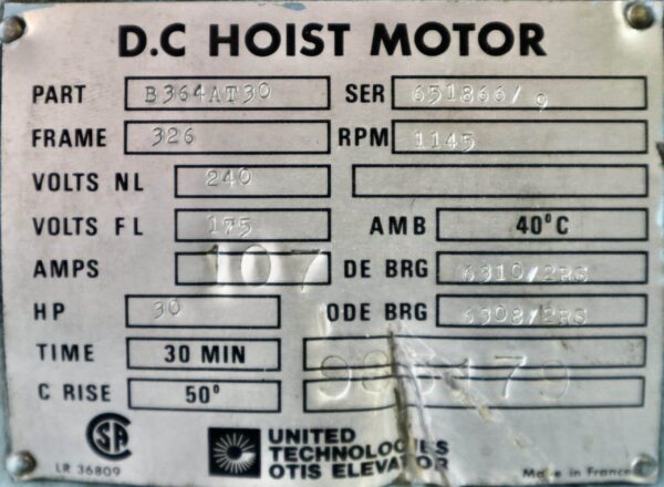 Otis DC Hoist Motor 30HP 1145RPM 326 #265 - Image 2