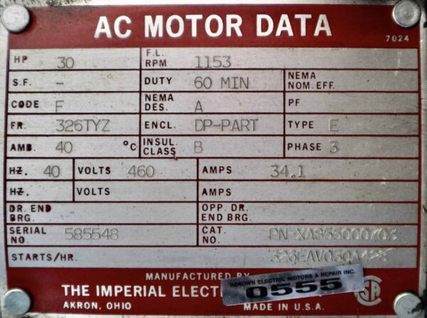Imperial Electric AC Motor 30HP 1153RPM 326TYZ #0555 - Image 2