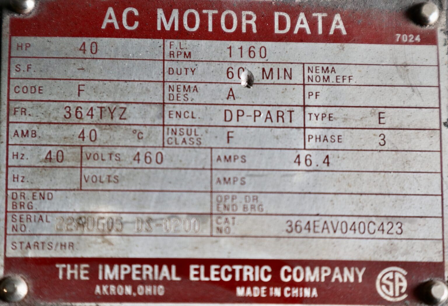 Imperial Electric AC Motor 40HP 1160RPM 364TYZ 0554 Renown Electric