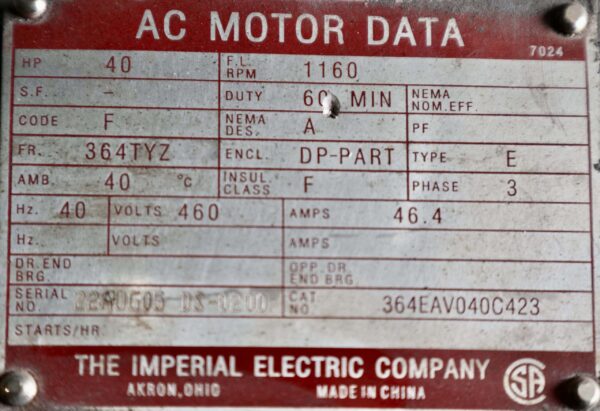 Imperial Electric AC Motor 40HP 1160RPM 364TYZ #0554 - Image 6