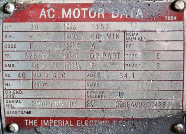 Imperial Electric AC Motor 30HP 1153RPM 326TYZ #0558 - Image 6