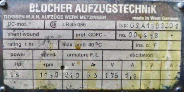 Blocher DC Motor 15HP 1150RPM GSA180S201 - Image 2