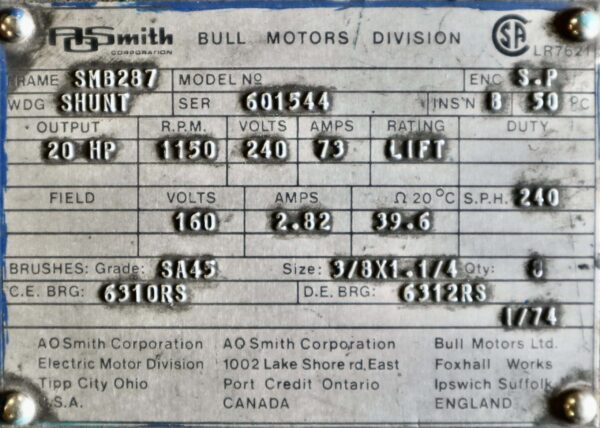 AO Smith/Bull DC Motor 20HP 1150RPM 287SMB #234 - Image 2