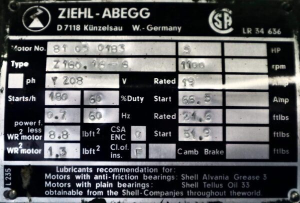 Ziehl-Abegg AC Hoist 5HP 1100RPM Z160 #248 - Image 2