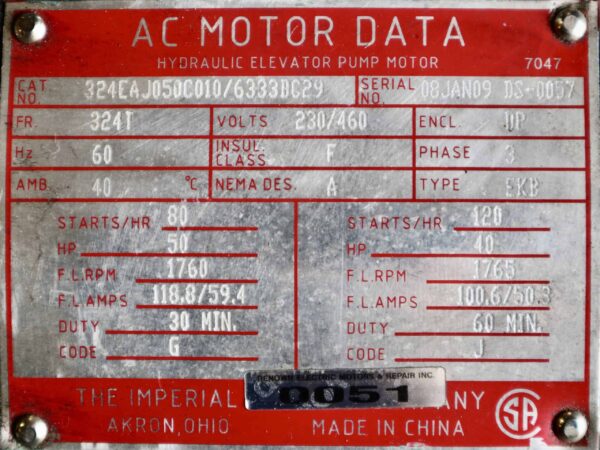 Imperial Electric Hydraulic Elevator Pump Motor 50HP 1760RPM 324T #0051 - Image 2