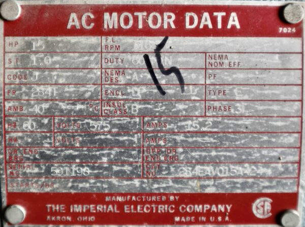 Imperial Electric AC Motor 15HP 1166RPM 284T - Image 2