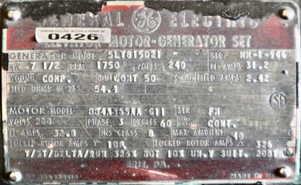 General Electric Generator 10HP 7.5KW 1750RPM #0426 - Image 8