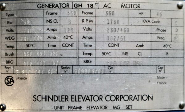 Schindler Generator 45HP 30KW 1760RPM 360 - Image 2