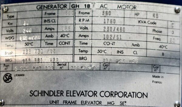 Schindler Generator 45HP 30KW 1760RPM 360 - Image 6