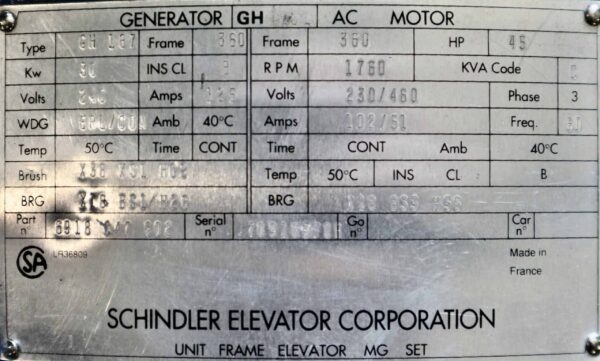 Schindler Generator 45HP 30KW 1760RPM 360 - Image 2