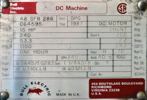 Bull DC Motor 15HP 1150RPM 48SFB286 #502 - Image 2