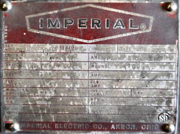 Imperial Electric Generator 40HP 25KW 1750RPM 360T/366A #375 - Image 2