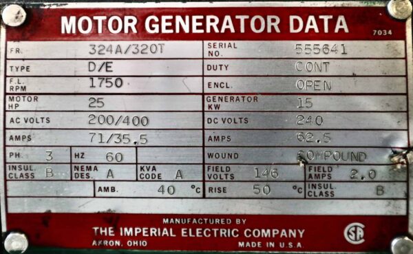 Imperial Electric Generator 25HP 15KW 1750RPM 324A/320T - Image 2