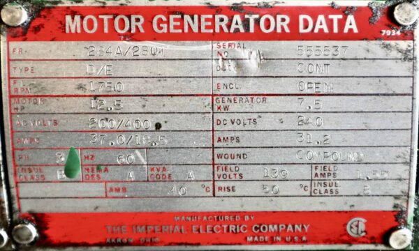 Imperial Electric Generator 12.5HP 7.5KW 1750RPM 284A/280T - Image 2