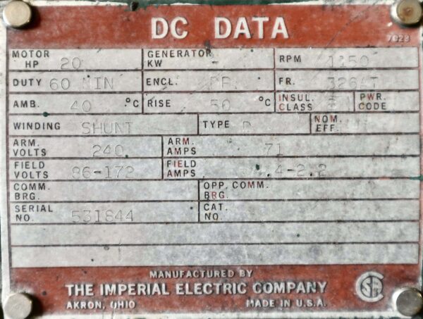 Imperial Electric DC Motor 20HP 1150RPM 326AT #133 - Image 2