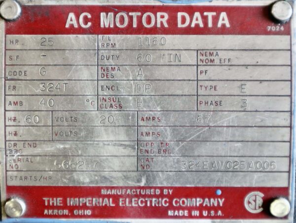 Imperial Electric AC Motor 25HP 1160RPM 324T #0552 - Image 6