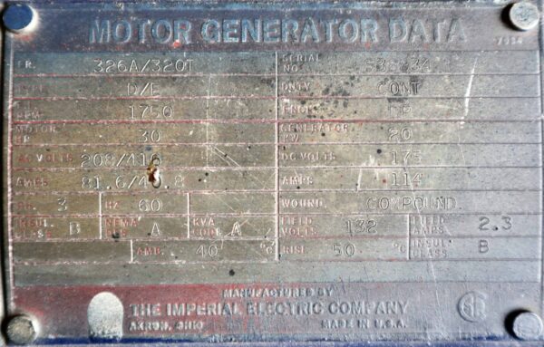 Imperial Electric Generator 30HP 20KW 1750RPM 326A/320T - Image 2
