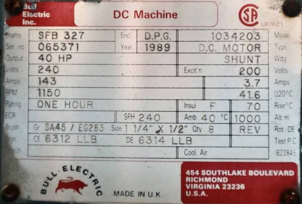 Bull DC Motor 40HP 1150RPM SFB327 #125 - Image 2