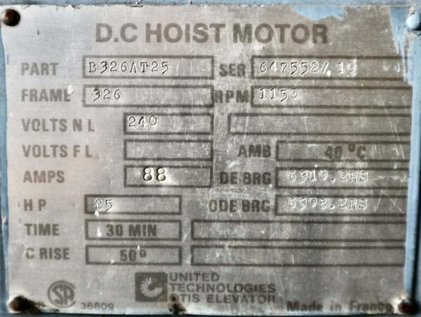 Otis DC Hoist Motor 25HP 1150RPM 326 #129 - Image 2