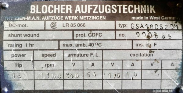 Blocher DC Hoist 25HP 1150RPM GSA180S201 - Image 2