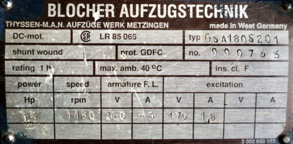Blocher DC Hoist 15HP 1150RPM GSA180S201 - Image 2