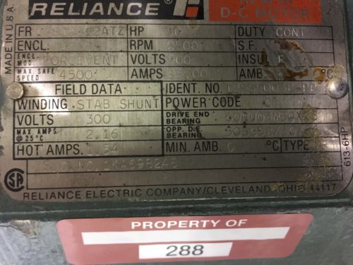 Reliance Dc Motor 50Hp 500V 85A 2500Rpm *Refurbished With Blower Unit* #288