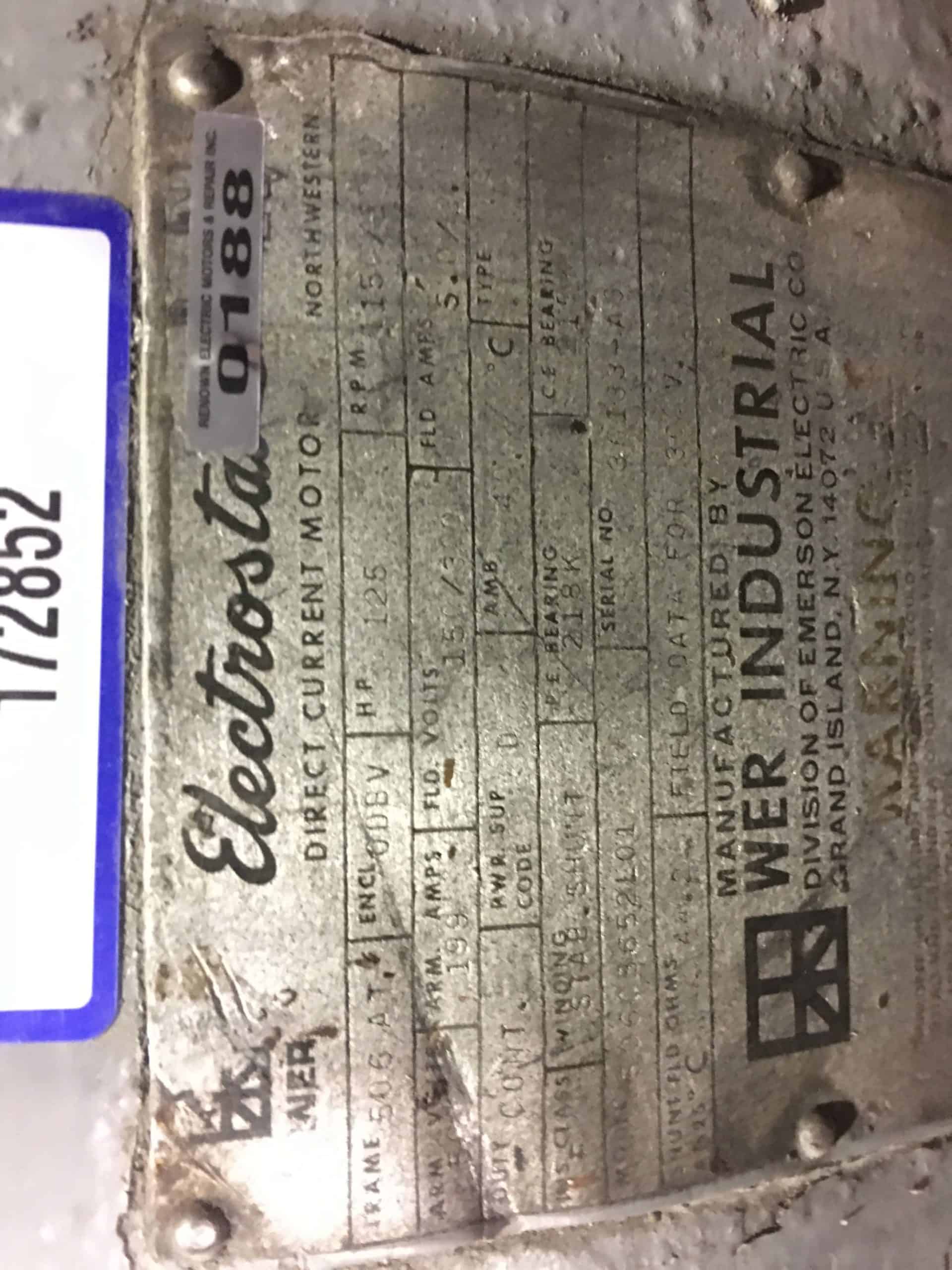 WER Industrial Dc Motor 125Hp 500V 199A 1150Rpm #0188
