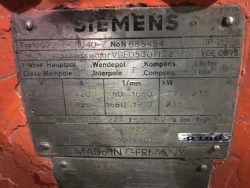 Siemens 235Kw 600V 420A 1910Rpm