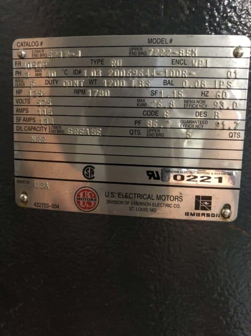 U.S Electrical Vertical Pump Motor 125Hp 575V 116A 1780RPM