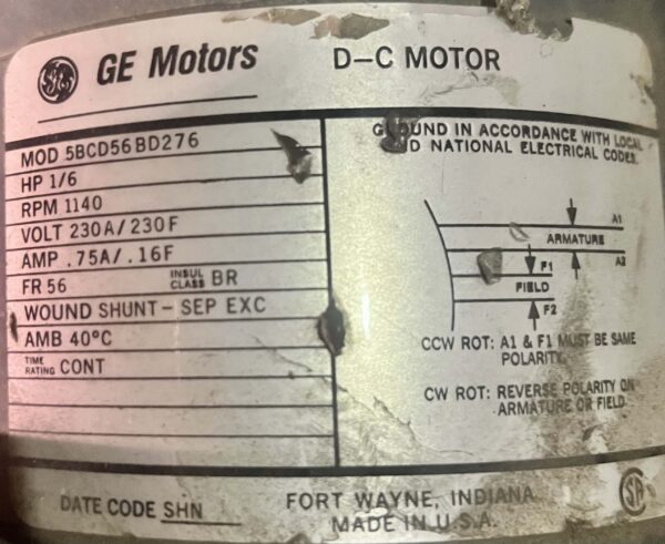 General Electric Door Motor 1/6HP 1140RPM 56 1070 - Image 2