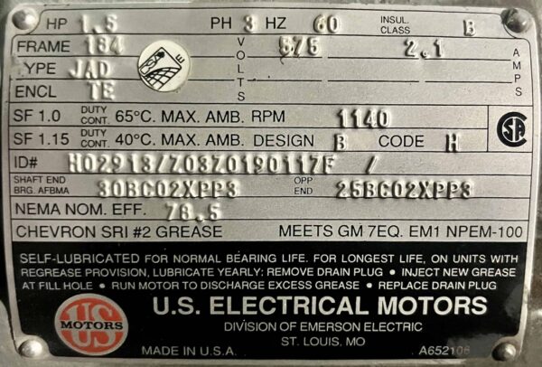 US Electrical 1.5HP 1140RPM 184 AC Motor #429045 - Image 2