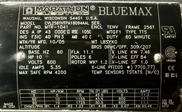 Marathon 10HP 4200RPM 256T AC Motor #292 - Image 2