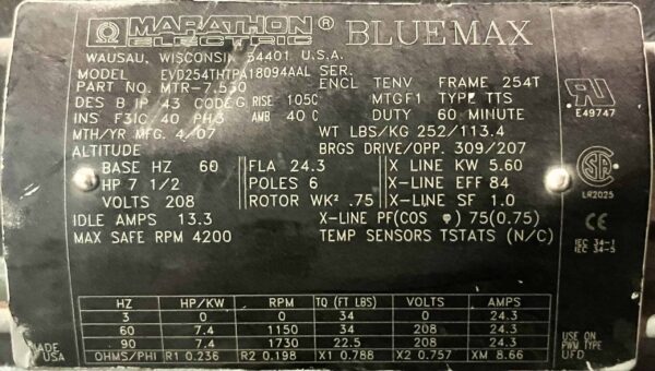 Marathon 7.5HP 1150RPM 254T AC Motor #293 - Image 2