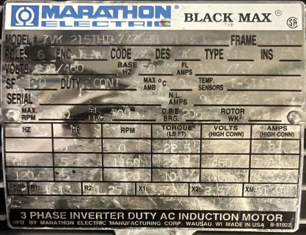 Marathon 5HP 1160RPM 216TC AC Motor #2005 - Image 6
