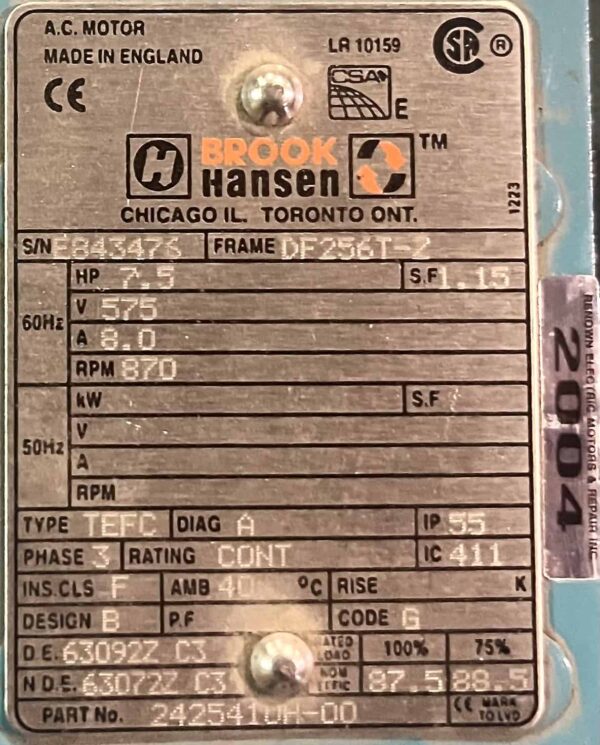 Brook Hansen 7.5HP 870RPM DF256T-2 AC Motor #2004 - Image 8