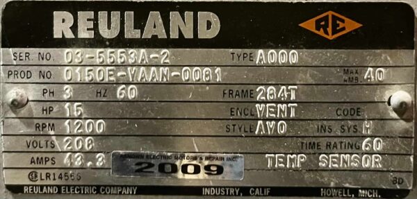 Reuland 15HP 1200RPM 284T AC Motor #2009 - Image 2