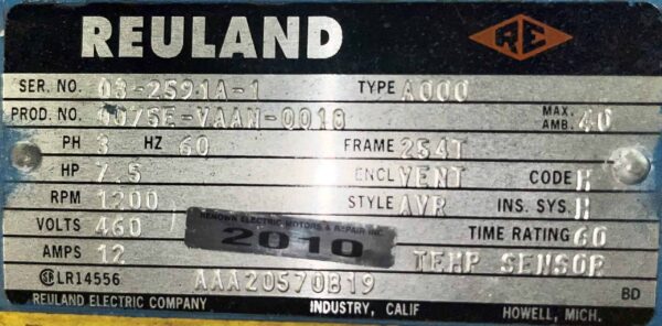 Reuland 7.5HP 1200RPM 254T AC Motor #2010 - Image 2