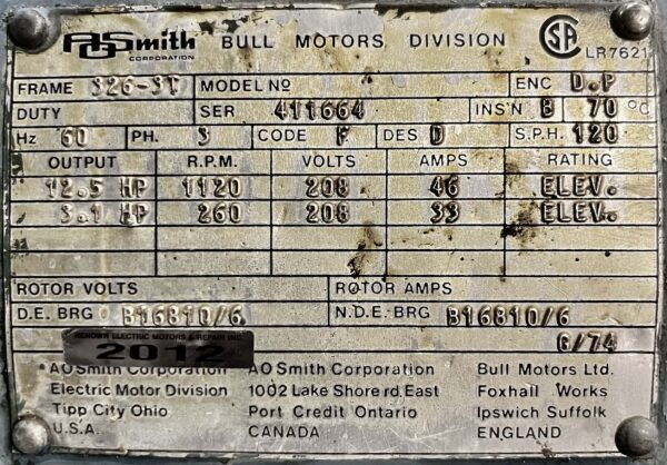 AO Smith 12.5/3.1HP 1120/260RPM 326-3T Two-Speed AC Motor #2012 - Image 2