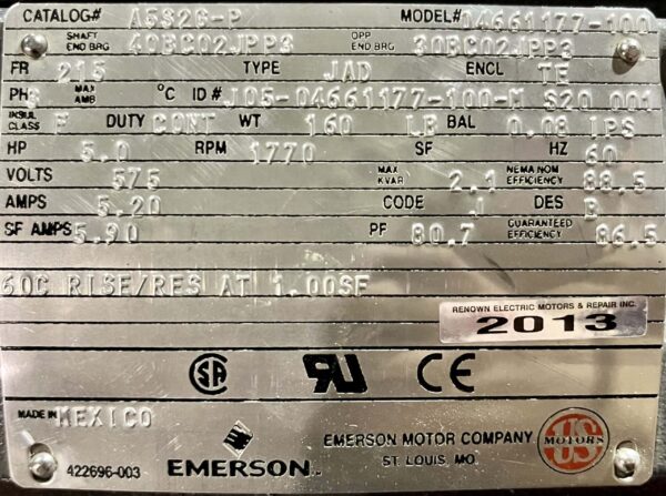 Emerson 5HP 1770RPM 215 AC Motor #2013 - Image 2
