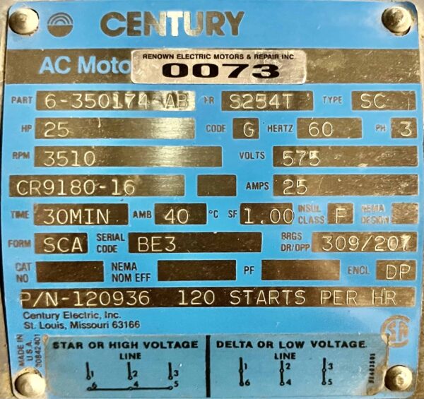 Century Electric 25HP 3510RPM S254ZT AC Motor #0073 - Image 2