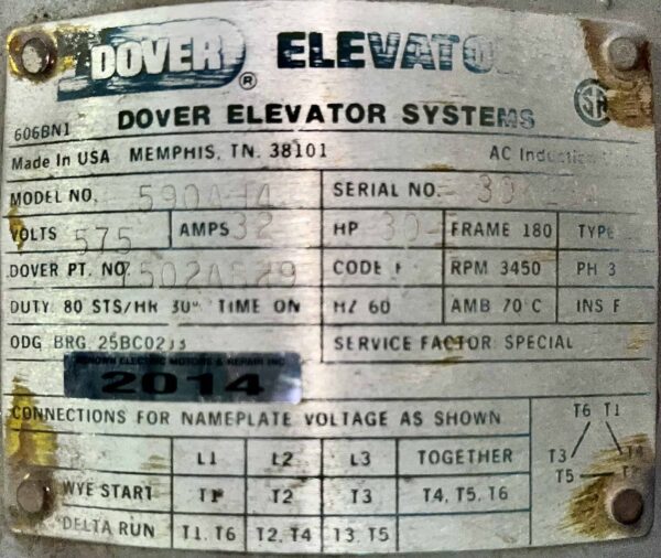 Dover Elevator Systems 30HP 3450RPM 180 AC Motor #2014 - Image 2